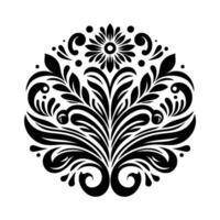 Symmetrical Floral Black and White with Leaves, Swirls, and Dots, Arranged in a Circular Shape. vector