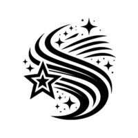 Striking black and white illustration of a starburst with flowing lines and multiple star shapes, creating a dynamic and celestial aesthetic. vector