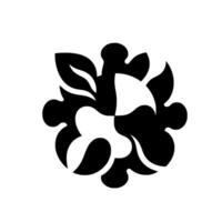 Bold Black and White Floral with Rounded Petals and Leaf Accents Centered on a White Background. vector