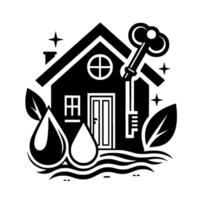 Black and White Real Estate House with Key, Water Drops, Leaves, and Waves, Emphasizing Home Ownership and EcoFriendly Concepts. vector