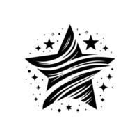 Artistic black and white illustration of a stylized fivepointed star with intricate striped detailing, surrounded by smaller star and dot elements, set against a clean white backdrop, evokes a sense vector