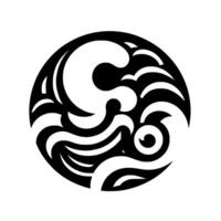 A stylized black and white circular illustration of ocean waves and stylized forms, representing fluidity and movement. vector