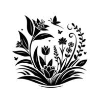 A stylized black and white floral illustration featuring various flower types, grasses, butterflies, and a crescent, arranged in a circular composition. vector