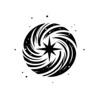Black and white illustration of a star inside a swirling vortex, surrounded by small dots suggesting stars, on a white background. vector