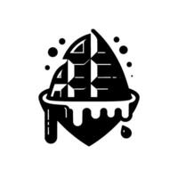 Artistic Minimalist Illustration of Deconstructed Waffle with Dripping Sauce and Scattered Dots on a White Background, Black and White vector