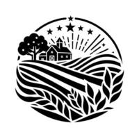 Silhouette emblem idyllic rural landscape featuring a farmhouse nestled among rolling fields, framed by a circular border, adorned with stars and stylized elements, emphasizing agriculture. vector
