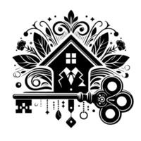 Intricate black and white illustration of a house with a suit, topped with floral patterns, symbolizing property key. vector