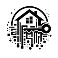 Geometric Black White House Formed by Circuitry with Key, Representing Smart Home Technology Security. vector