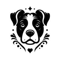 Stylized Black and White Dog Head with Decorative Elements and a Heart Symbol, Featuring Symmetry and Simple Lines. vector