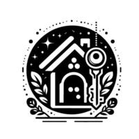 Monochrome house emblem with key, foliage, and starry night details within a circular frame, symbolizing home ownership and security. vector