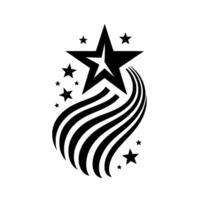 Black and white of a large star with smaller stars and curved, flowing lines, on a white background, modern emblem or . vector