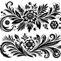 Symmetrical floral ornament with detailed black and white botanical elements, including swirling vines, stylized blossoms, and leafy patterns. vector