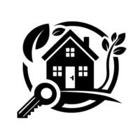 Symbolic Black and White Depicting House, Key, and Leaves within a Circular Frame, Representing Real Estate and EcoFriendly Living. vector