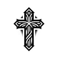 Elegant Geometric Cross Black White Illustration with Ornamental Patterns on a Clean White Background. vector