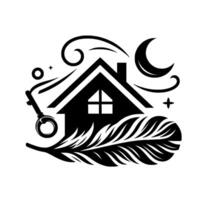Stylized Black and White House silhouette with a key, feather, crescent moon, stars, and decorative swirls, creating a dreamy, welcoming atmosphere. vector