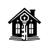 Monochromatic Illustration A HouseShaped Featuring a Prominent Key, Two Windows, Stars, and a Chimney on a White Background. vector