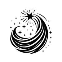 Black and white illustration of a stylized starburst comet with emanating lines and multiple surrounding stars on a clean white background, exuding a modern, dynamic, and elegant feel. vector