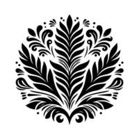 Symmetrical black and white floral featuring stylized leaves and curves within a circular composition, evokes classic elegance. vector