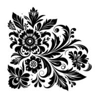 Elegant Black and White Floral Corner with Detailed Petals, Leaves, and Curlicues on a Clean White Backdrop, Creating a Decorative Pattern vector