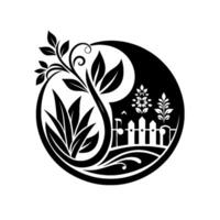 A symmetrical black and white stylized illustration depicting a garden scene within a circular frame with plants, fence, and ornamental . vector
