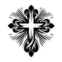Elegant Black and White Ornate Cross with Decorative Swirls and Radial Burst on White Backdrop. vector