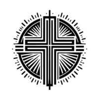 Geometric Black and White Circular featuring a Cross, Radiating Lines, and Symmetrical Elements for a Modern Aesthetic. vector