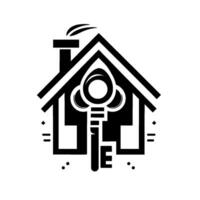 Monochromatic illustration featuring a house silhouette with a large key in the center, representing homeownership and security. vector