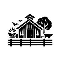 Monochromatic Barn Scene Featuring Tree, Cow, Foliage, Fence, and Bats in a Clean, Simplified Illustration Style. vector