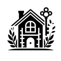 Symbolic Black and White Illustration A house with a key and foliage on a white background, representing home ownership and security. vector