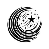 Stylized black and white celestial swirl , with multiple stars and crescent motion streaks, on a white backdrop. vector