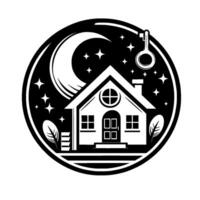 Silhouette of a House Under a Crescent Moon and Stars, with a Key, Enclosed in a Circular Frame. vector
