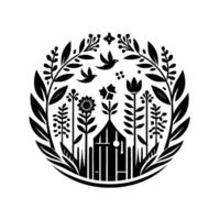 Circular monochrome garden with birds, flowers, a small wooden shed, and foliage details, creating a harmonious, illustrative composition. vector