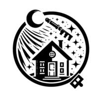 A stylized monochrome house silhouette within a circular frame, featuring a moon, key, and stars, symbolizing dreams and security. vector