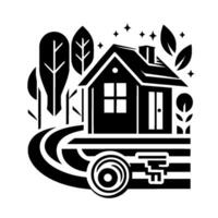 Black and white illustration of a cozy house, surrounded by trees, road, and a key, with starry night ambiance. vector