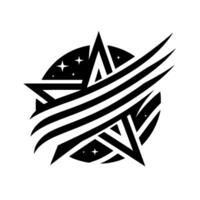 Abstract black and white featuring a star constellation shape within a circular space, accented by curved stripes. vector