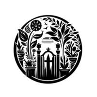 Circular Black and White Illustration of a Garden Scene A Gate, Plants, and Birds enclosed within a circle. A serene, minimalist artistic . vector