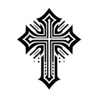 Black and white ornate Christian cross , symmetrical, stylized, isolated, with sharp angles, intricate patterns and embellishments, on a white background. vector