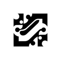 A symmetrical, abstract geometric composition in black and white, resembling a stylized flow within a square, featuring curved lines and circular accents. vector