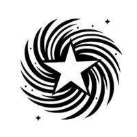A minimalist black and white illustration of a white star enclosed within a spiral vortex, with sparse stars. vector