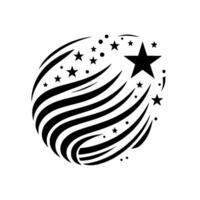Black and White Starry Swirl A stylized celestial featuring swirling streaks and various sized stars on a white background. vector