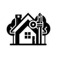 Minimalist monochrome of a house with key and trees, symbolizing homeownership, security, and property access. vector