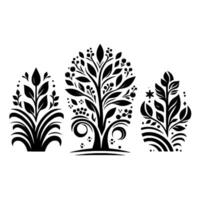 Three Stylized Black and White Botanical Illustrations Featuring Leaves, Berries, and Intricate, Curvilinear Designs on White. vector