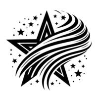 Abstract black and white illustration features a large star with swirling lines, various smaller stars and dots arranged around the main figure on a white background. vector