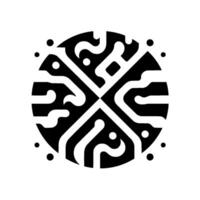 Circular symmetrical black and white abstract featuring a stylized pattern within a circle and surrounded by dots. vector