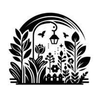 Black and white garden scene with plants, a lamp post, and a fence, framed in a semicircular . vector