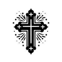 Elegant black Christian cross with ornate detailing, surrounded by stylized bursts and dots on a stark white background, symbolizing faith and hope. vector
