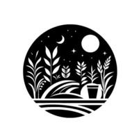 A Black and White Circular Illustration Showcasing a Tranquil Nighttime Garden Scene with Various Plants, Rolling Hills, Stars, a Moon, and Wheat in a Pot. vector