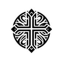 Intricate Black and White Ornamental Cross within Circular Frame, Geometric Pattern, Symbolic . vector