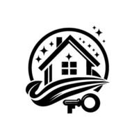 Elegant Black and White Real Estate Home, Key, and Sparkling Accents Within a Circle Frame, Conveying Trust Security. vector