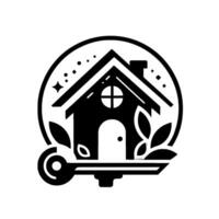 Stylized black and white real estate featuring a house with a key and foliage within a circular frame, evoking home and security. vector